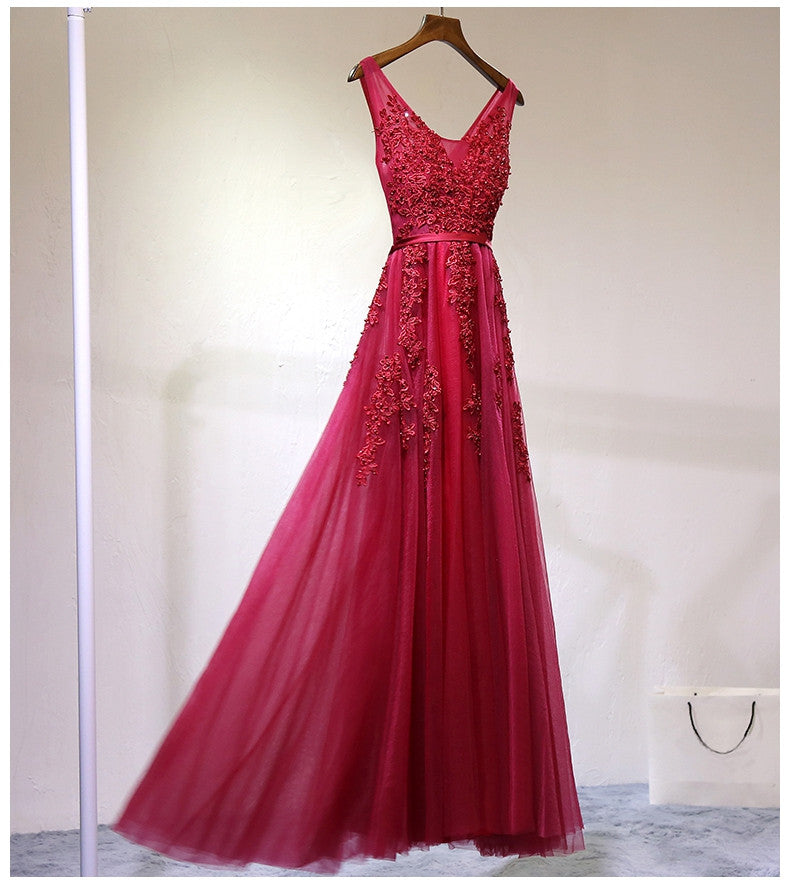 burgundy tulle prom dress