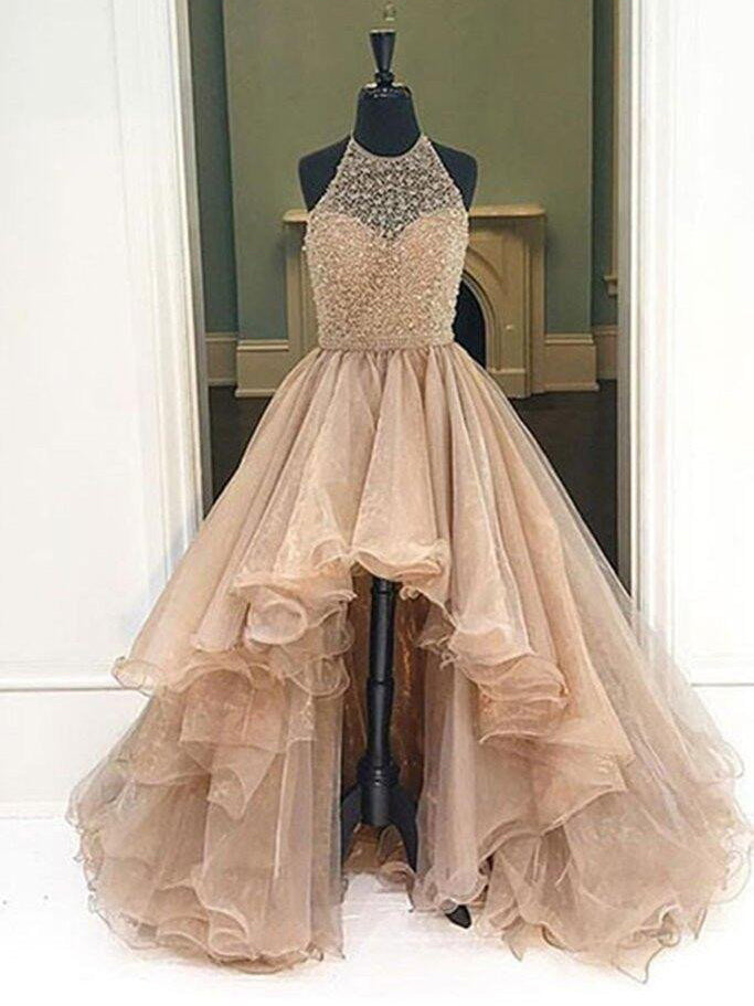 Sexy Chic Prom Dresses Halter Asymmetrical Long Prom Dress