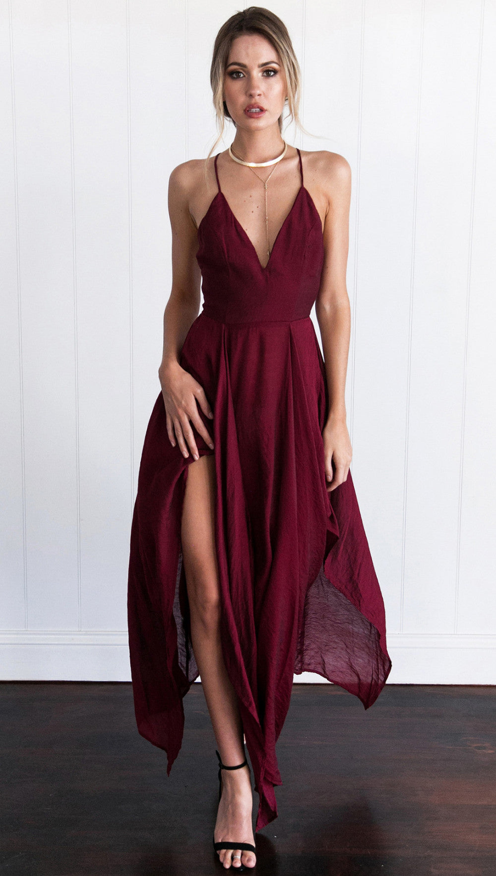 Sexy Burgundy Prom Dresses Halter Asymmetrical Long Prom Dress/Evening