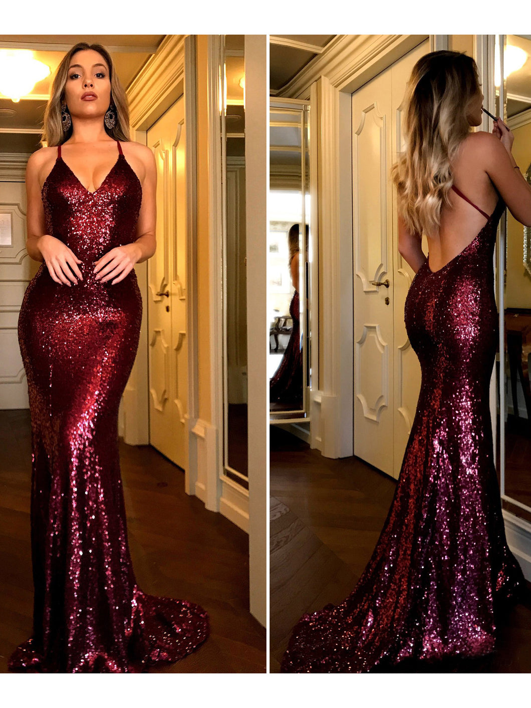 Burgundy Prom Dresses Halter Sweep Train Sexy Mermaid Prom Dress JKL10 ...