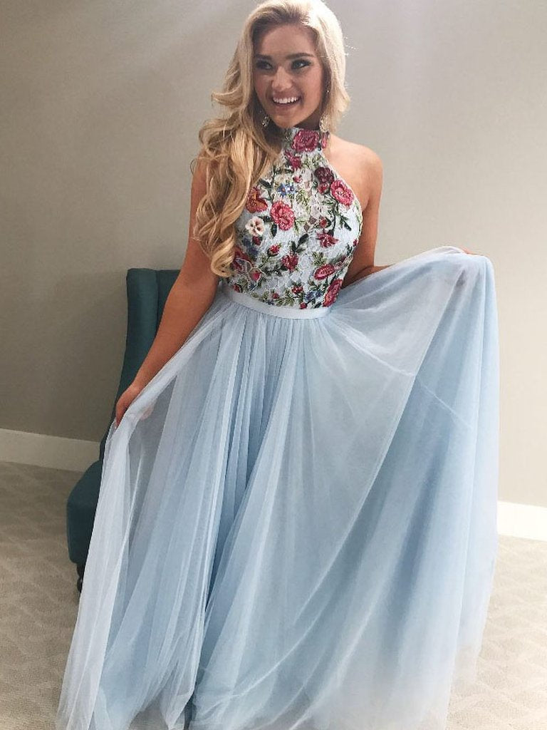 embroidered floral prom dress