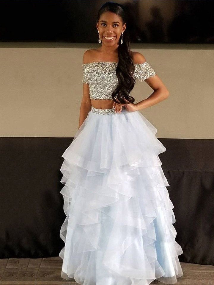 Two Piece Prom Dresses Aline Off-the-shoulder Long White Prom Dress JK ...