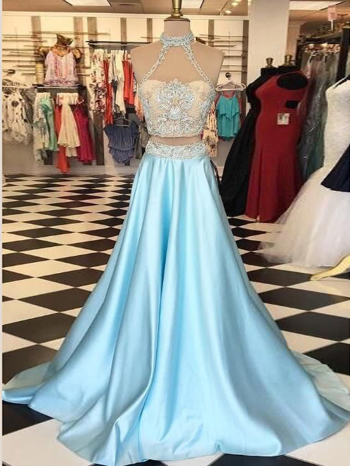 Two Piece Prom Dresses A line High Neck Beautiful Prom Dress Sexy Even ...