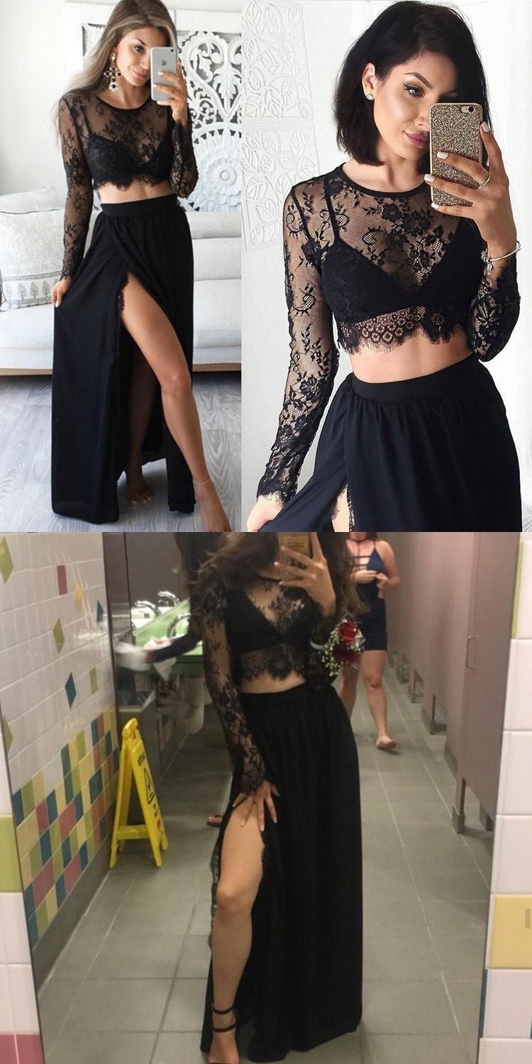 Two Piece Prom Dresses Black Slit Lace Aline Long Sexy Cheap Prom Dres ...