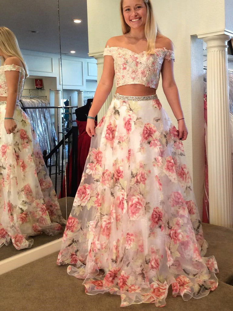 Two Piece Prom Dresses Rose Floral Print Beautiful Prom Dress Sexy Eve ...