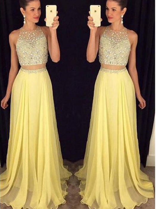 Two Piece Prom Dresses A Line Rhinestone Yellow Long Sparkly Prom Dres ...