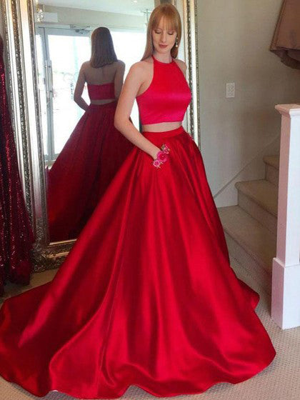 Red Two Piece Prom Dresses Halter Simple Embroidery Long Prom Dress wi ...