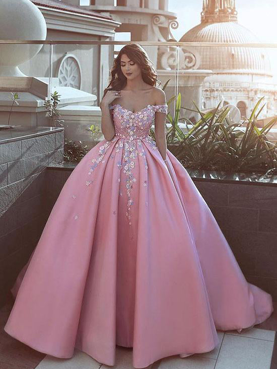 Ball Gown Prom Dresses Off The Shoulder Sweep Train Satin Long Pink Pr Anna Promdress 