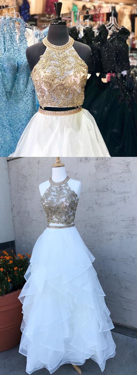 white and gold 2 piece prom dress