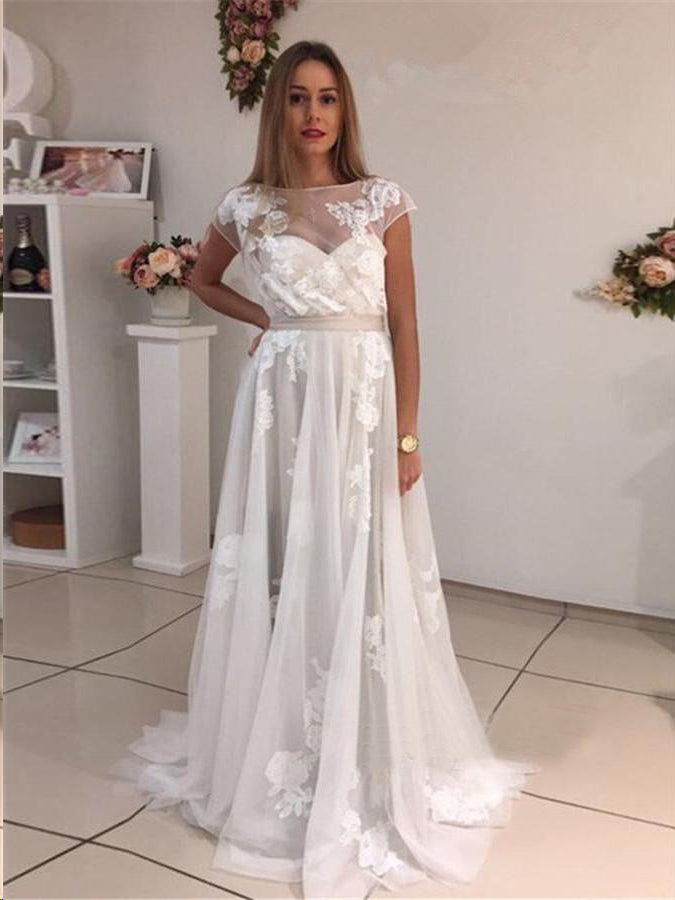 Beautiful Prom Dresses A Line Bateau Appliques Ivory Short Train Long ...