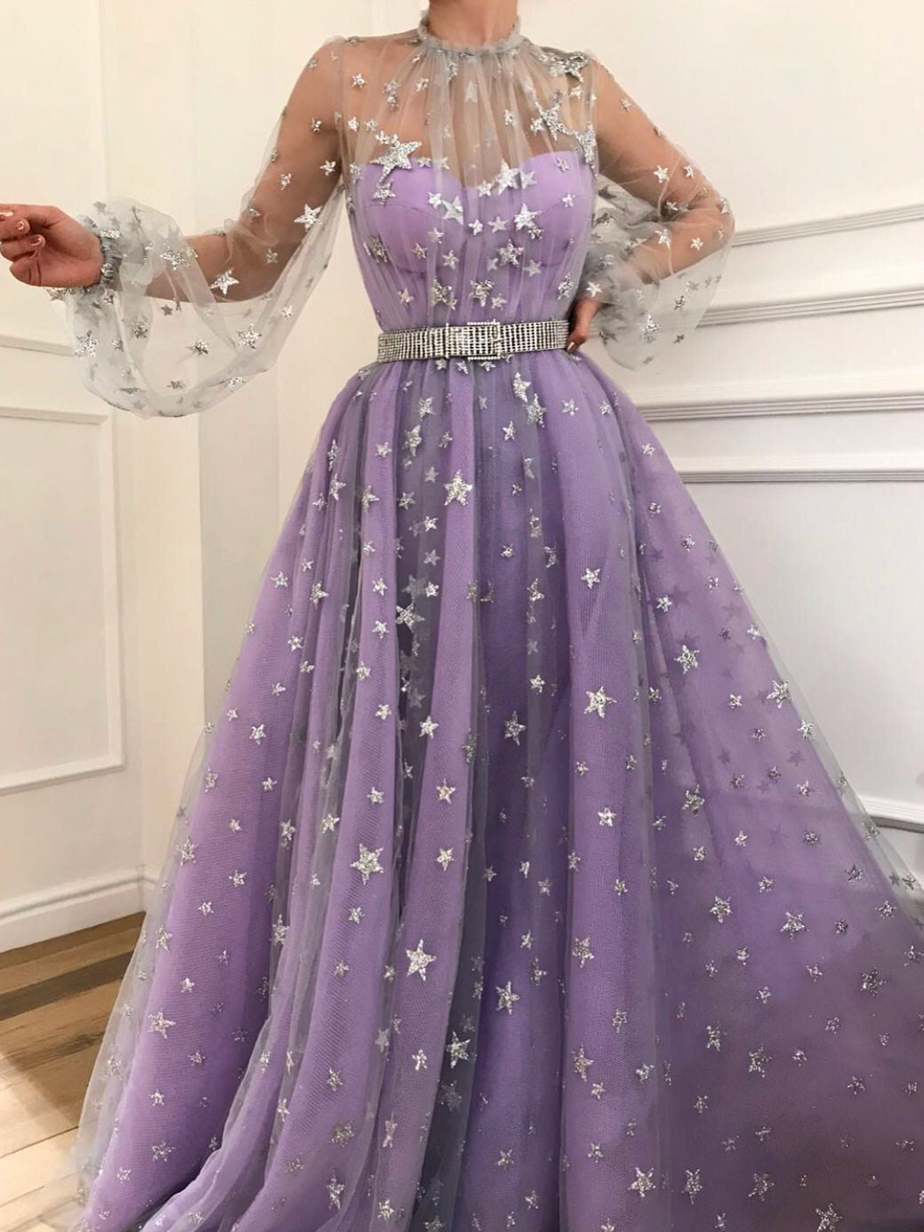 Long Sleeve Prom Dresses High Neck Aline Sparkly Star Lace Lilac Long