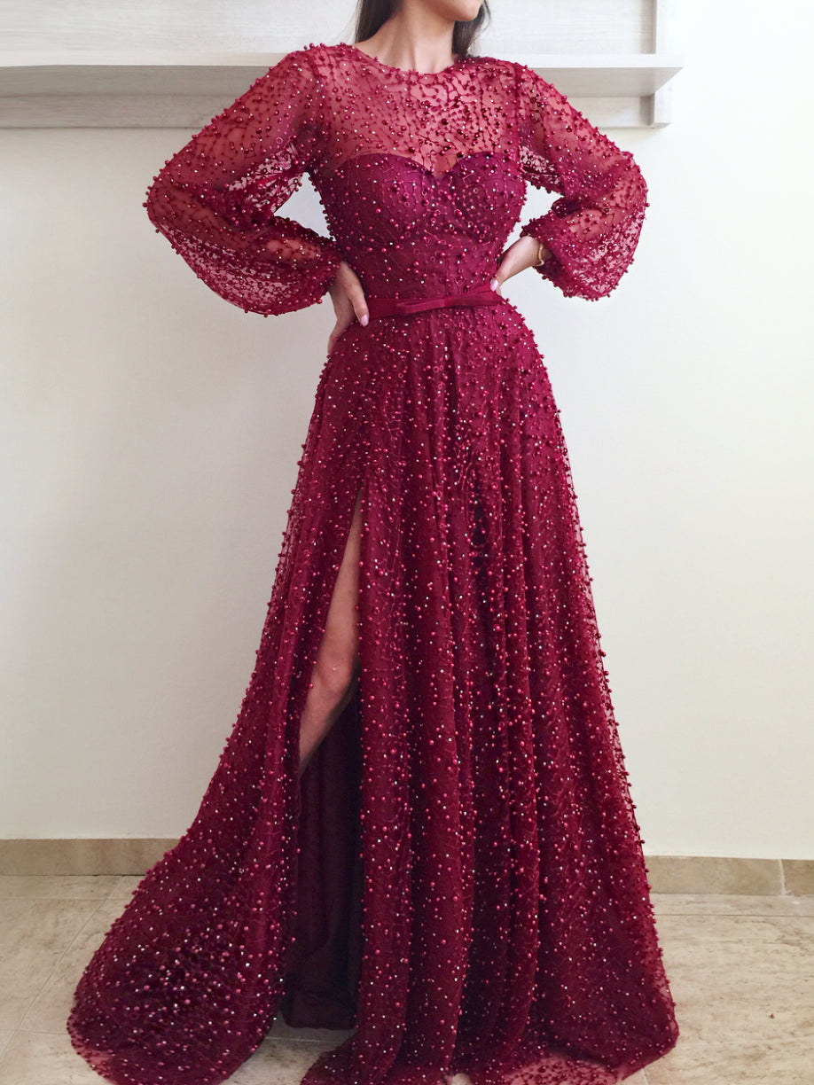 maroon lace long sleeve prom dress