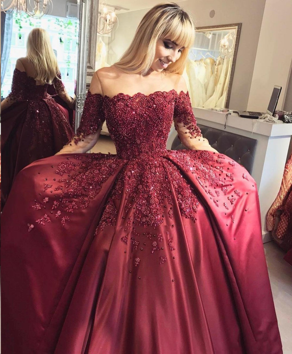 Long Sleeve Prom Dresses Ball Gown Beading Sparkly Prom Dress Long Eve ...