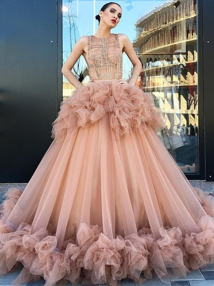 Ball Gown Prom Dresses Scoop Ruffles Long Beautiful Sparkly Lace Prom ...