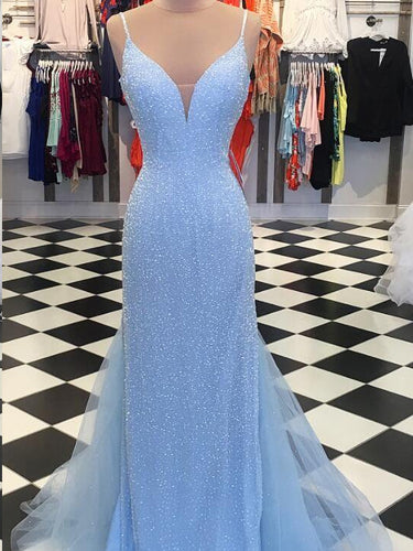 Light Blue Sequin Prom Dresses With Slit Mermaid Spaghetti, 43% OFF