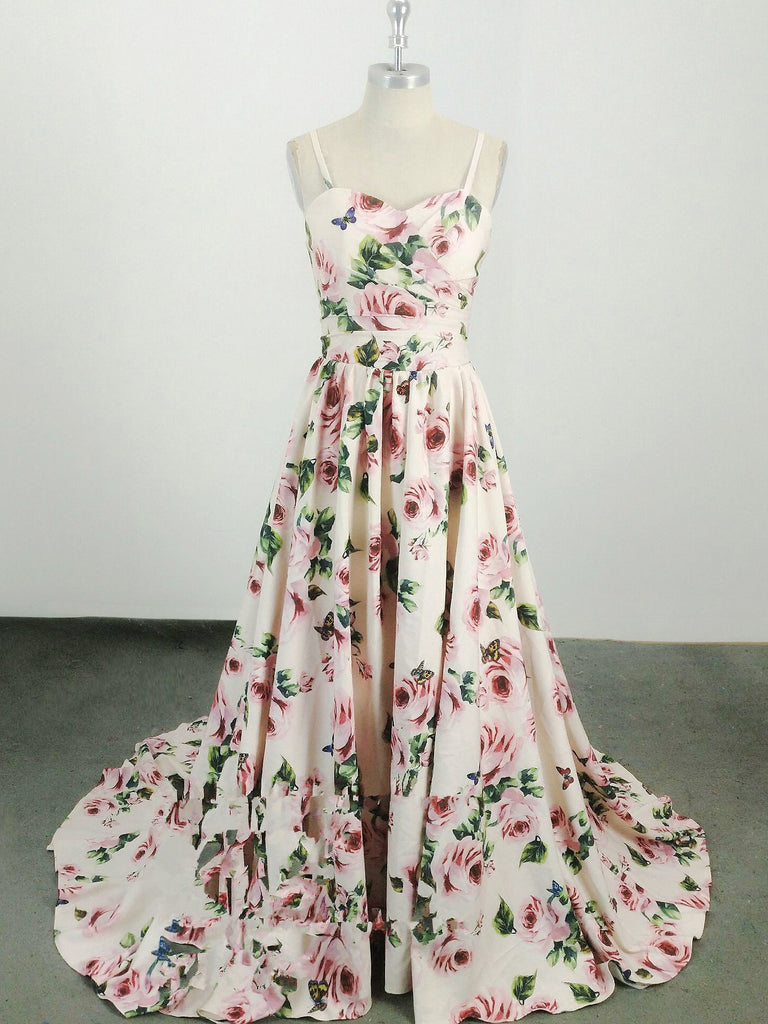 Floral Print Prom Dresses A-line Spaghetti Straps Sweep Train Chic Lon ...