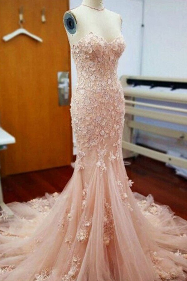 blush pink lace prom dress