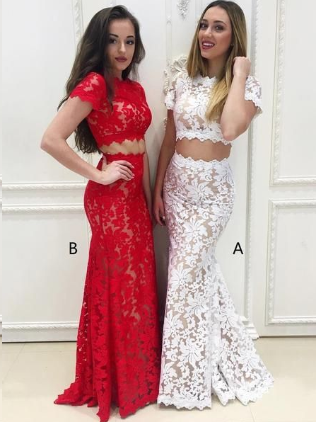 Two Piece Prom Dresses Mermaid Long White Lace Prom Dress Red