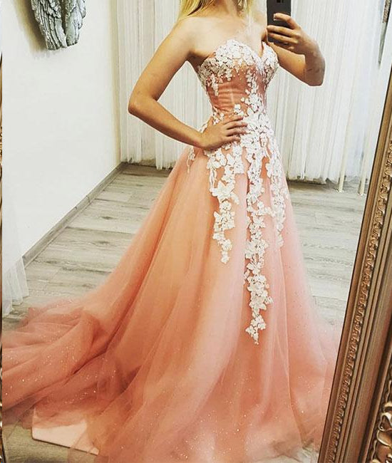 Sparkly Prom Dresses Sweetheart A Line Sweep Train Long Lace Prom Dres ...