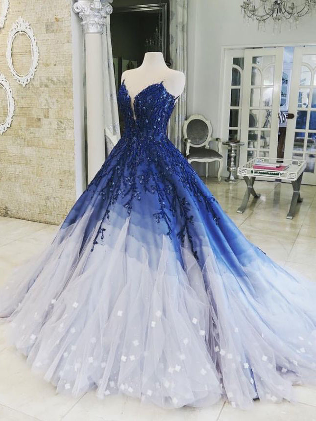 Ball Gown Prom Dresses Scoop Appliques Long Chic Luxury Ombre Big Prom ...