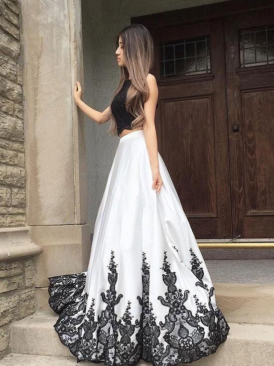 black and white 2 piece prom dress