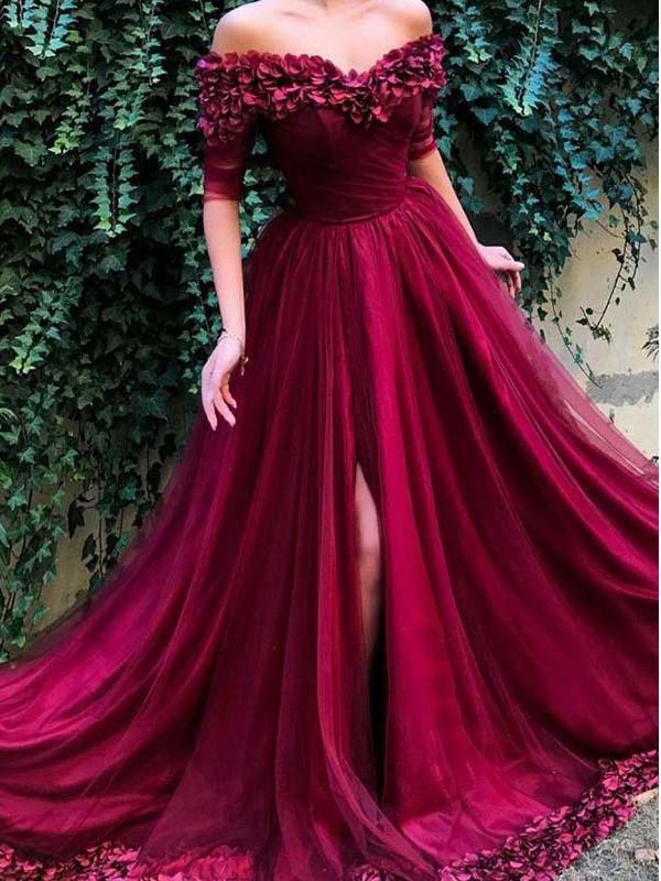 off the shoulder sleeve prom dress