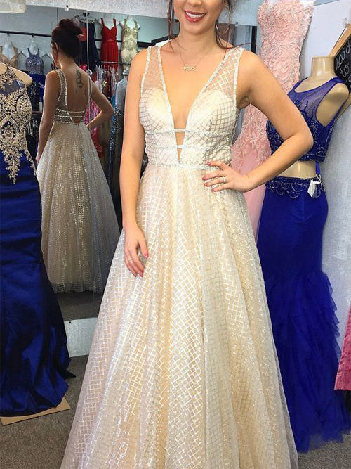 Sparkly Prom Dresses with Straps A Line V-neck Long Lace Open Back Pro ...