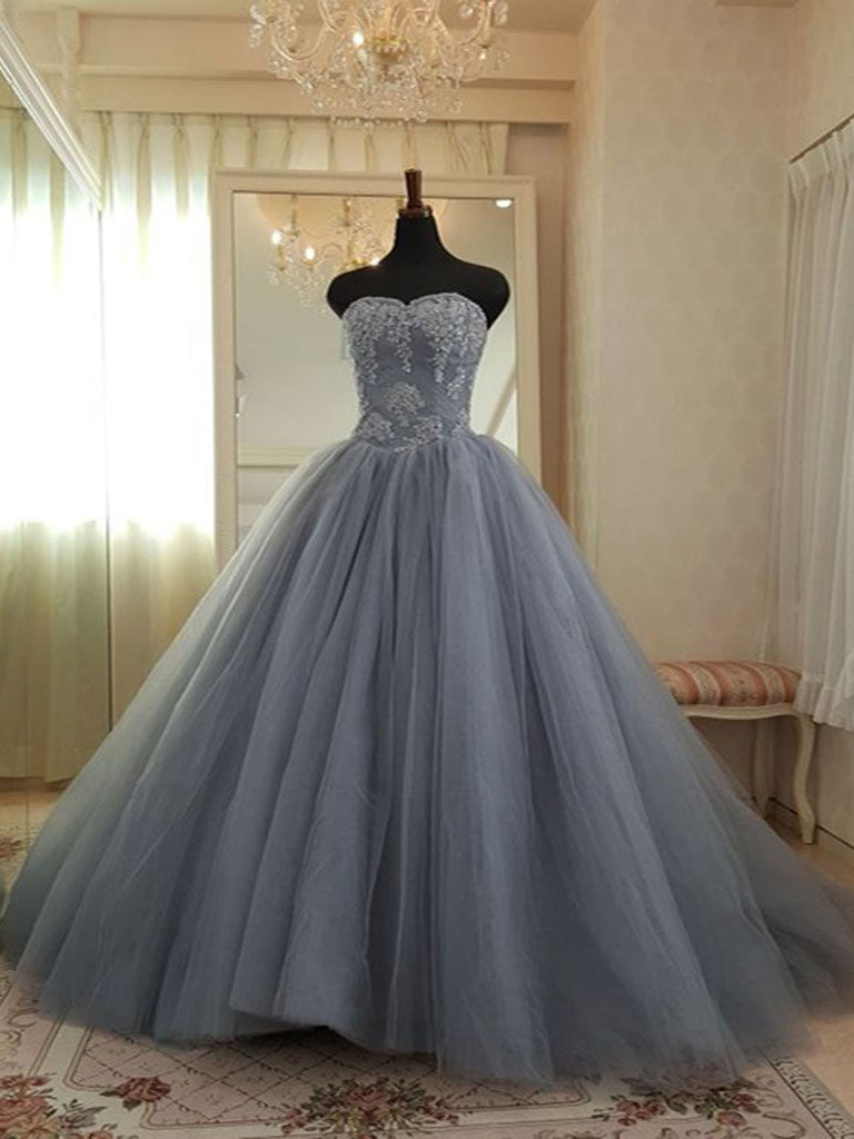 Ball Gown Prom Dresses Sweetheart Appliques Fashion Big Grey Prom Dres ...