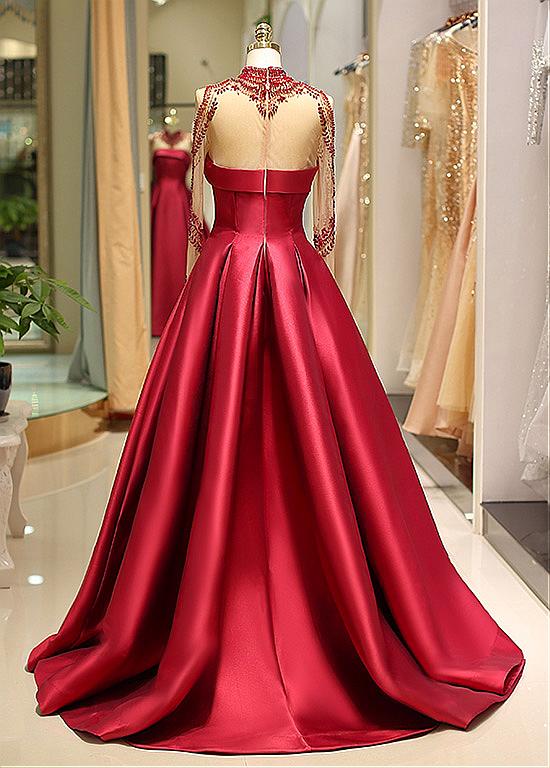 Long Sleeve Prom Dresses High Neck Burgundy Long Prom Dress Satin Even ...