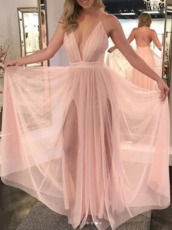 Open Back Prom Dresses with Spaghetti Straps Long Simple Double Slit S ...