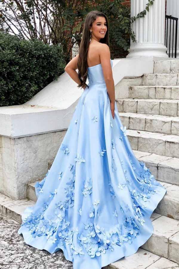 Fashion Prom Dresses Strapless A Line Long Sky Blue Prom Dress Floral Anna Promdress 9211