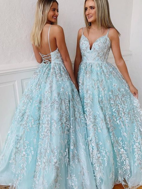 Backless Prom Dresses Spaghetti Straps Aline Ice Blue Lace Prom Dress ...