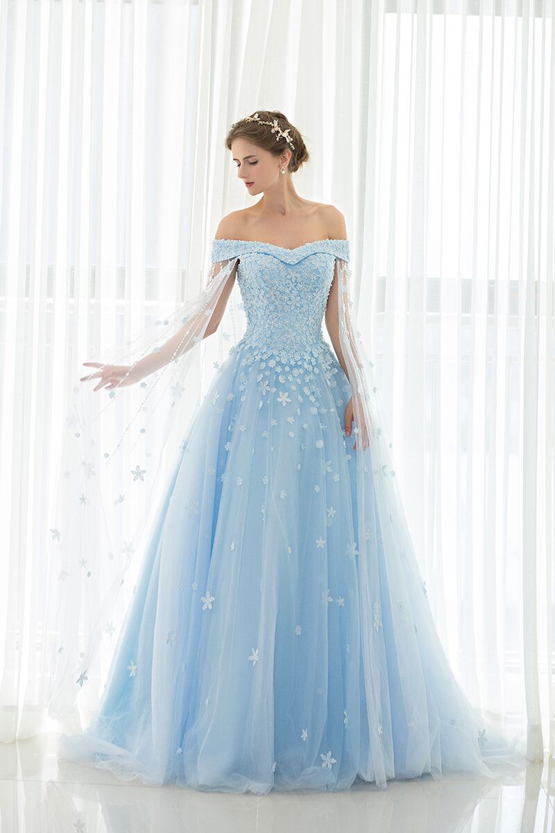 Light Sky Blue Prom Dresses Off-the-shoulder Sweep/Brush Train Tulle P ...