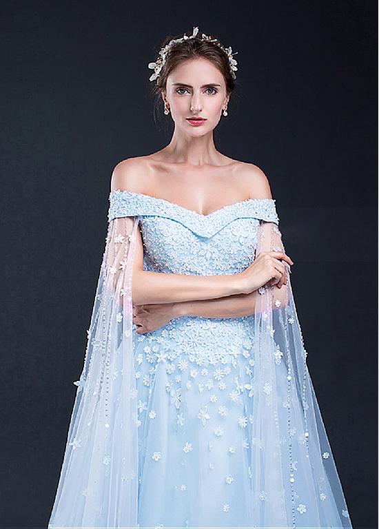 Light Sky Blue Prom Dresses Off-the-shoulder Sweep/Brush Train Tulle P ...