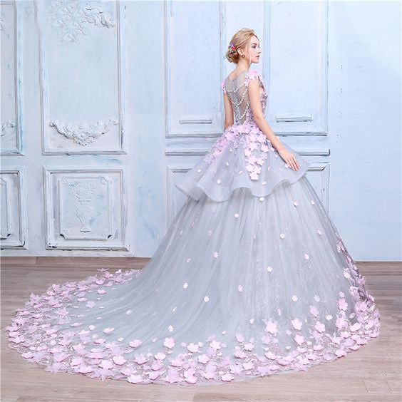 Luxury Prom Dresses Scoop Ball Gown Lace Hand-Made Flower