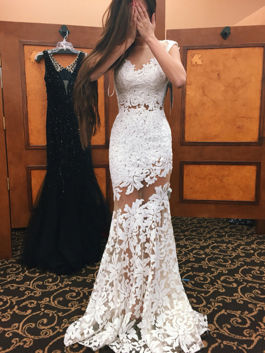 Ivory Prom Dress Sheath Column Appliques Lace Sexy Long Prom Dress Eve Anna Promdress
