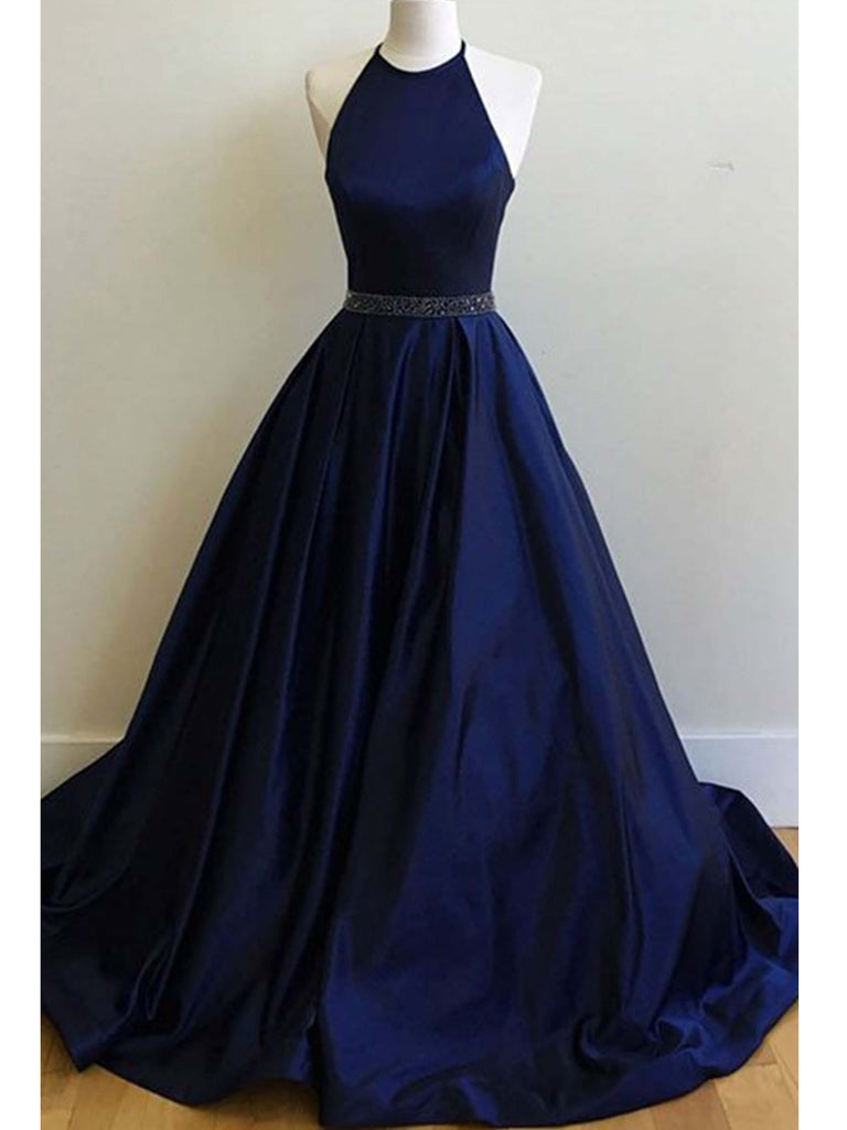 Satin Prom Dresses Halter Dark Navy Ball Gown Long Prom Dress/Evening â Anna PromDress