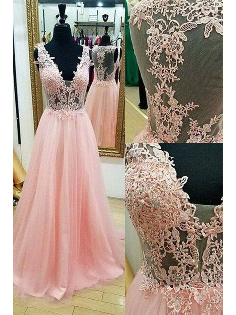 Chic Pink Prom Dresses A Line Floor Length Appliques Long Prom Dresse Anna Promdress 5145