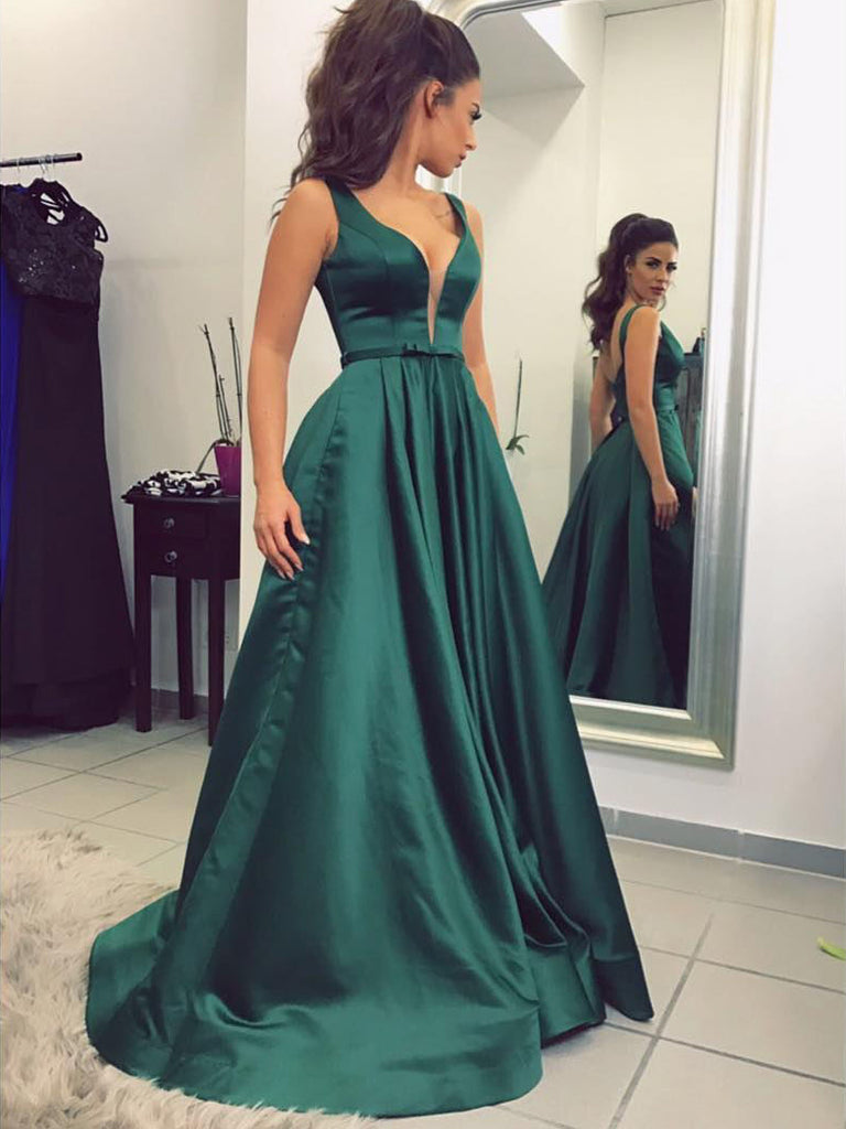 Chic Prom Dresses V-neck A-line Floor-length Dark Green Prom Dress/Eve ...