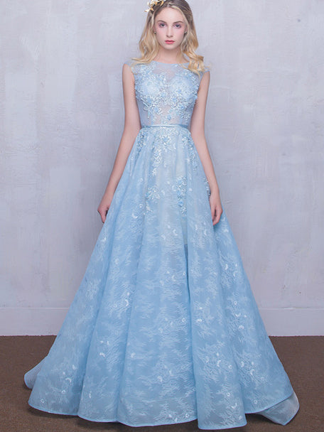 Long Lace Prom  Dresses  Scoop Appliques Baby  Blue  Prom  