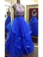 Two Piece Prom Dresses High Neck Floor-length Royal Blue Tulle Prom Dr ...