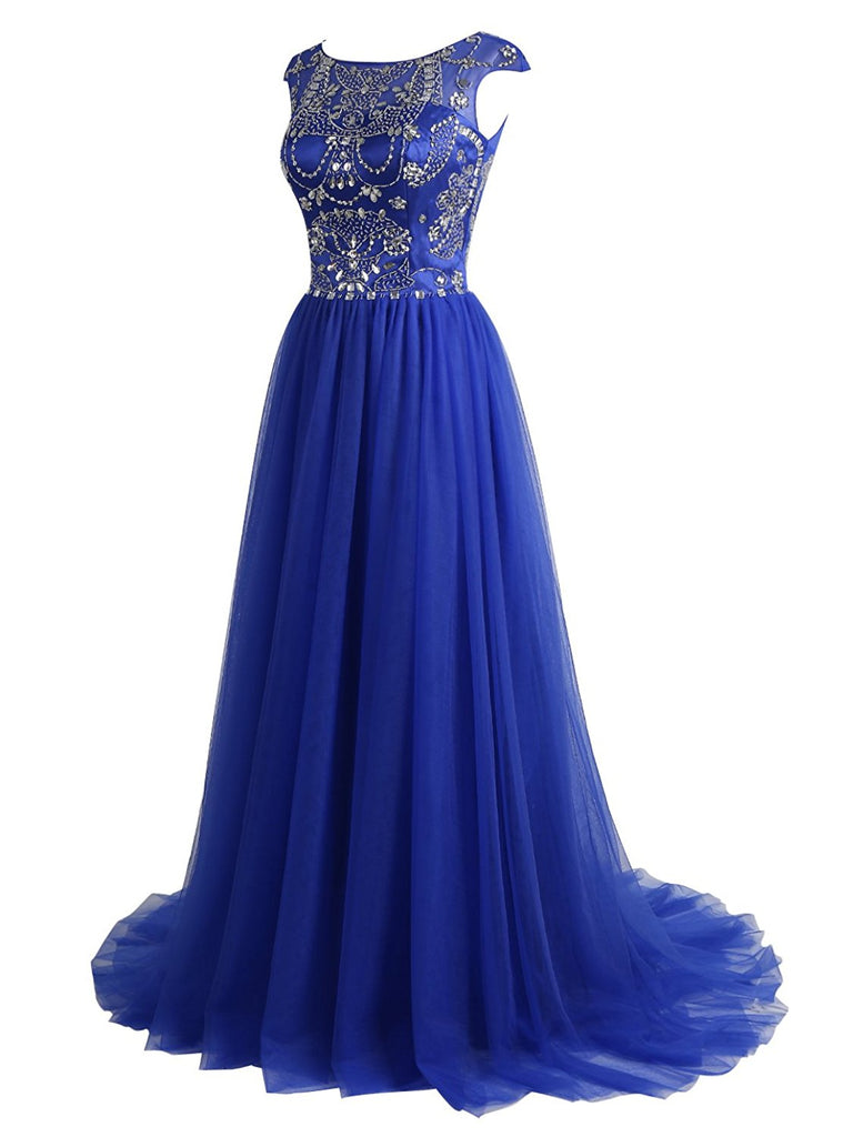 Sexy Prom Dresses Scoop Sweep/Brush Train Royal Blue Tulle Prom Dress ...