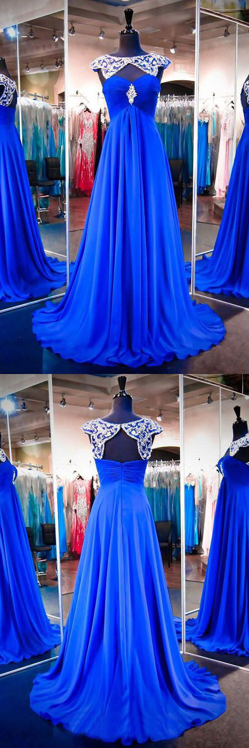 Chic Prom Dresses Bateau Sweep/Brush Train Chiffon Royal Blue Prom Dre ...