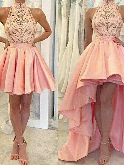 Chic High Low Prom Dresses Asymmetrical Appliques Pink High Neck Prom ...