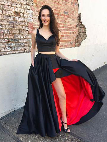 Cheap Two Piece Prom  Dresses  Black  and Red  Asymmetrical 