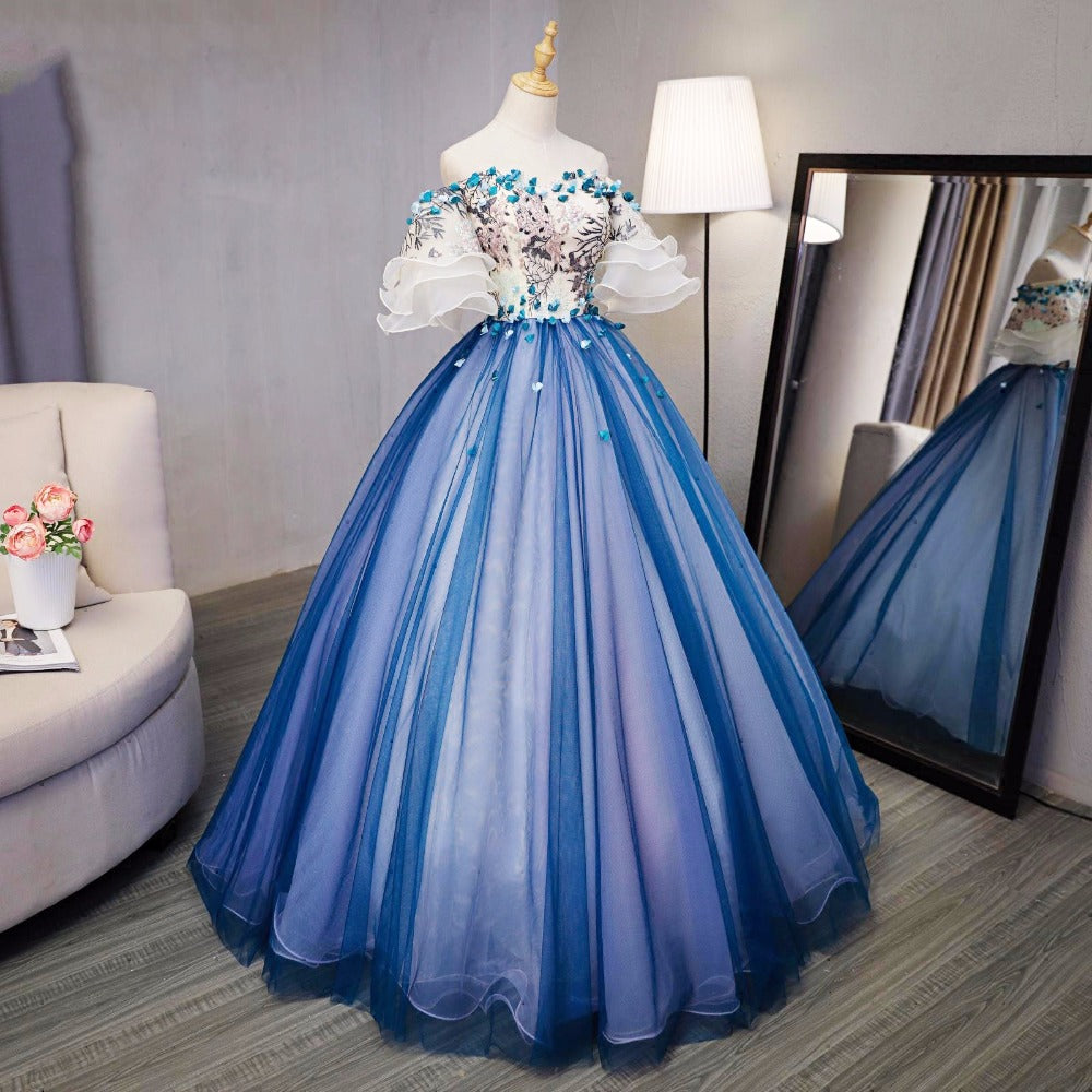 Ball Gown Prom Dresses Royal Blue and Ivory HandMade Flower Prom Dres