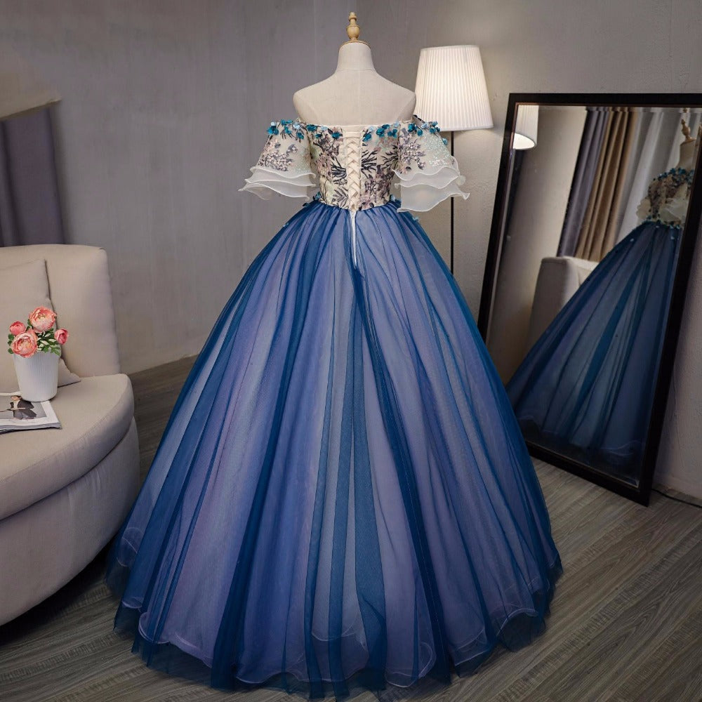 Ball Gown Prom Dresses Royal Blue and Ivory Hand-Made Flower Prom Dres