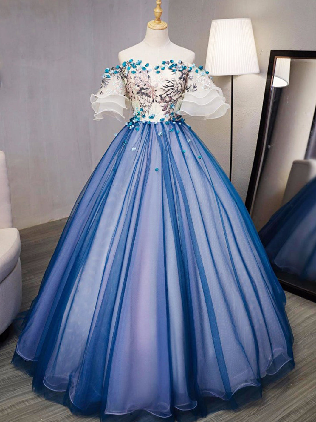 Ball Gown Prom Dresses Royal Blue and Ivory Hand-Made Flower Prom Dress