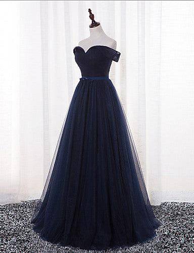 Cheap Prom Dresses A-line Floor-length Ruffles Dark Navy Prom Dress/Ev ...