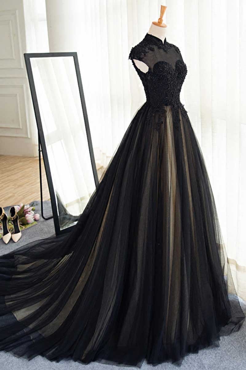 Black Prom Dresses High Neck Sweep/Brush Train Rhinestone Prom Dress/E ...